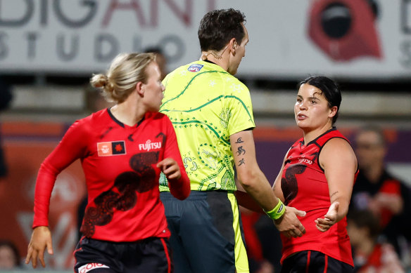 Prespakis speaks to the umpire during Essendon’s win.