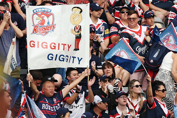 Leong with the new banner at Commbank Stadium for the qualifying final against the Panthers in September.