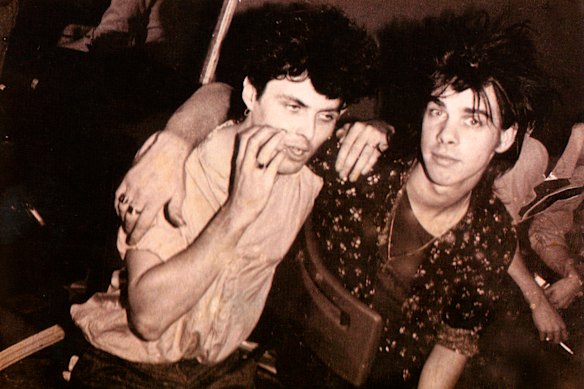 Former Bad Seed and Models bass player Peter Sutcliffe and Nick Cave backstage at the Crystal Ballroom in 1982.