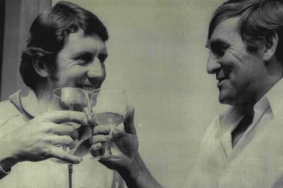 Australian Skipper Ian Chappell (L) and his English counterpart Ray Illingworth enjoy a drink after Australia had won the final Test at the Oval in 1972. 