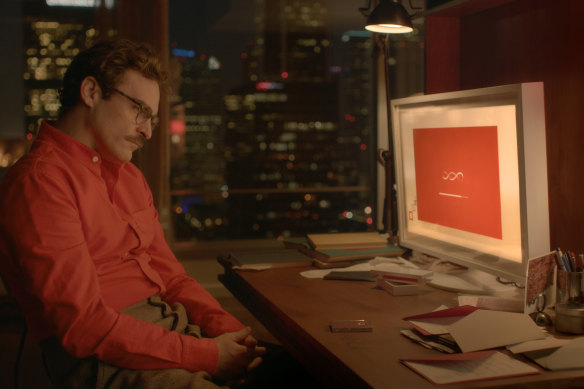 Joaquin Phoenix in the 2013 romantic drama Her, directed by Spike Jonze, which imagines a character who falls in love with his computer AI.