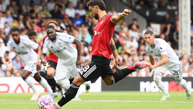 Bruno Fernandes of Manchester United misses a penalty kick during the Premier League match against Fulham.