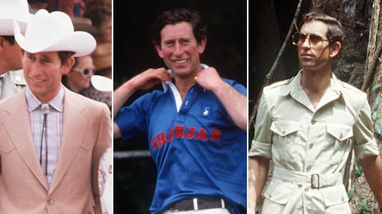 The many looks of King Charles: in cowboy attire visiting Calgary, Canada in 1977; Polo chic in 1986; full safari suit in Cameroon in 1990. 