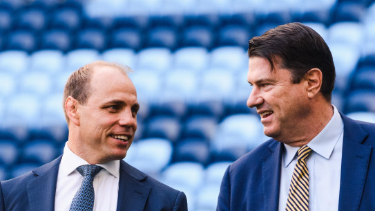Rugby Australia CEO Phil Waugh, left, and chairman Hamish McLennan at Allianz Stadium in Sydney.