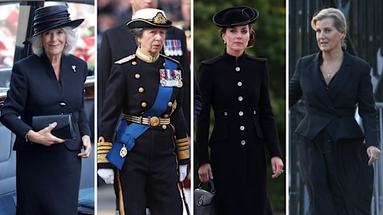 Camilla, Queen Consort, Princess Anne, the Princess Royal, Catherine, the Princess of Wales, and Sophie, the Countess of Wessex. 