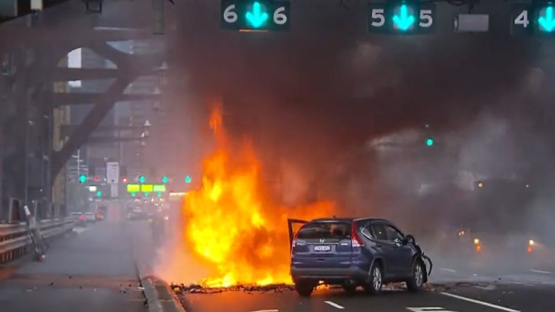 Harbour Bridge Fire Car Ablaze Following Collision