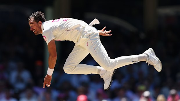 Mitchell Starc in full flight during the fifth Ashes Test in January.