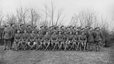 Reuben Parkes, pictured standing on the far-left, with members of the 34th Battalion.