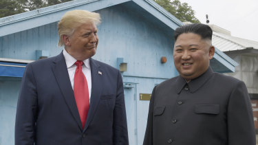 Donald Trump and Kim Jong-un in the Demilitarised Zone on Sunday. 