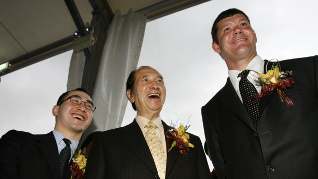 Lawrence Ho (left), Stanley Ho (centre) and James Packer at the opening of the Crown-Melco "City of Dreams" casino in Macau in 2006. 