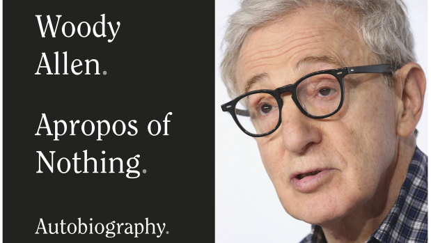 This combination photo shows a book cover image for "Apropos of Nothing," an autobiography by Woody Allen, that was to be released on April 7. 