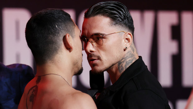 Teofimo Lopez and George Kambosos Jr.  face off during a press conference in April.