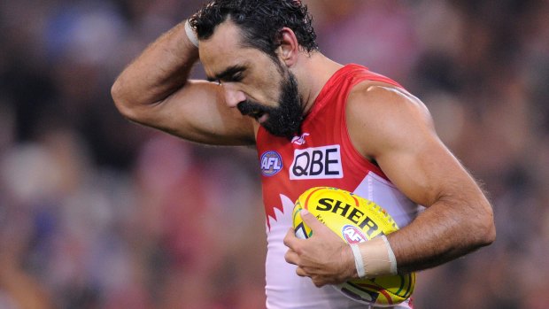 Victim of abuse: Goodes endures booing throughout the final years of his career after the incident. 