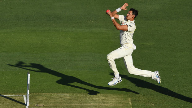 Steaming in: Mitchell Starc took his 200th Test scalp at the Gabba, but was well below his best.