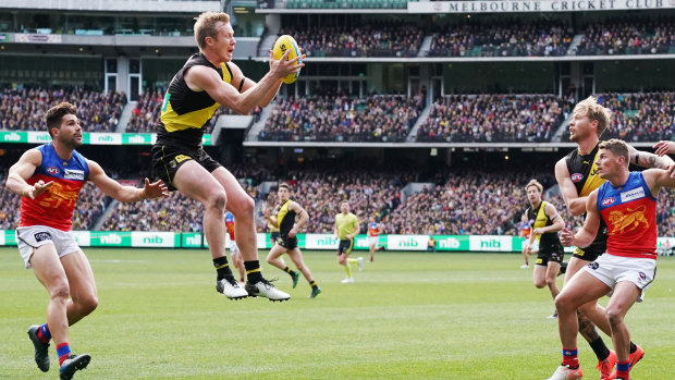 Top flight: Jack Riewoldt was a leading light up forward for the Tigers in a crucial win over the second-placed Lions.