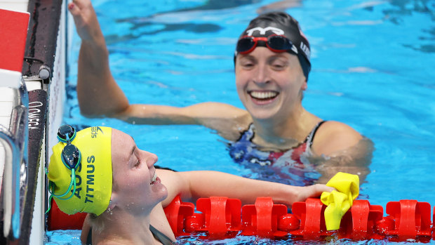 Ariarne Titmus and Katie Ledecky after it was all over.