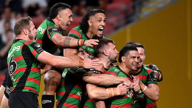 The Rabbitohs celebrate a try in their impressive victory over Manly to reach Sunday’s grand final.
