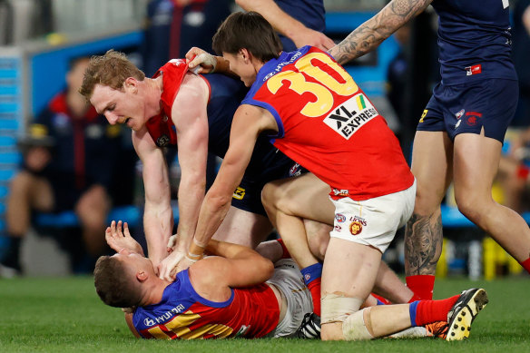 Harrison Petty and Dayne Zorko in the 2022 semi-final.