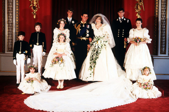 India Hicks (back row, third from left), one of Princess Diana’s bridesmaids, recalls being surprised at the frilly dress chosen for her to wear, as she was quite a tomboy.