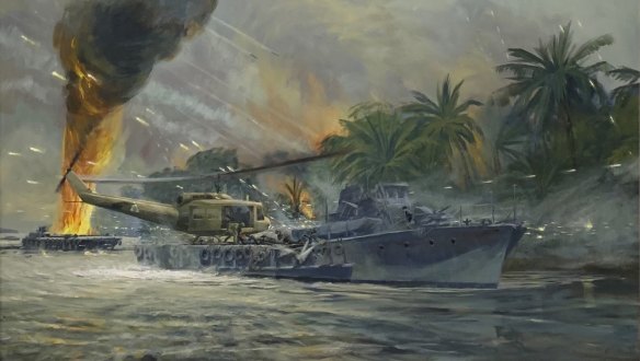 Under fire, helicopter pilot Jim Buchanan pushed the disabled patrol boat to safety. An oil painting later captured the scene.