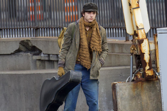 Timothée Chalamet on the set of the Bob Dylan biopic in New York City.