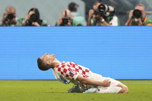 Croatia forward Andrej Kramaric celebrates his second goal.