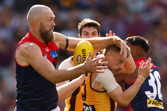 Max Gawn of the Demons and James Worpel of the Hawks in action.