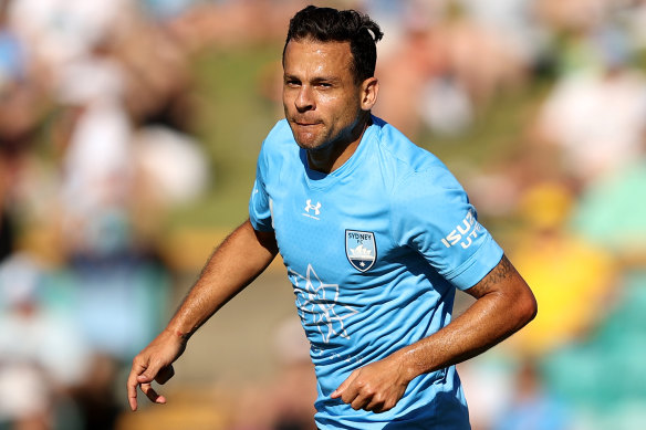 Bobo celebrates scoring against the Central Coast Mariners in Sydney FC’s 3-2 win.
