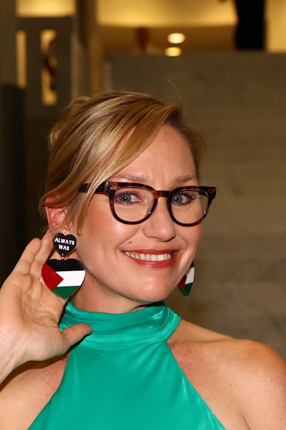 Senator Larissa Waters makes a statement with her earrings.