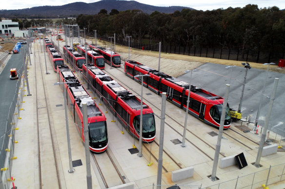 Eight of Canberra's light rail vehicles in the Mitchell stabling yard. 