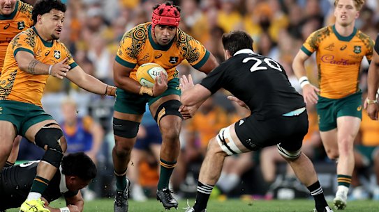 Langi Gleeson carries the ball in the first Bledisloe clash in Sydney.