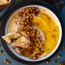 Preserved lemon hummus with cumin and sumac roasted chickpeas. Ottolenghi inspired mix and match Middle Eastern share friendly feast recipes for Good Food, October 2019. Images and recipes by KatrinaÂ Meynink. Good Food use only.