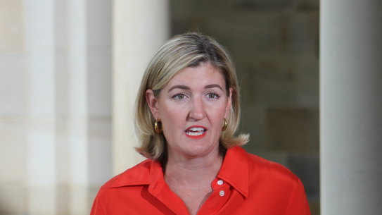 Shadow treasurer Shannon Fentiman speaks from parliament house on Wednesday.
