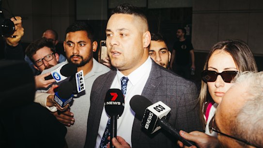 Jarryd Hayne leaving court with his wife Amellia Bonnici.