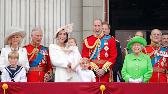 Senior royals appear on the balcony of Buckingham Palace during Trooping the Colour in London, 2016.