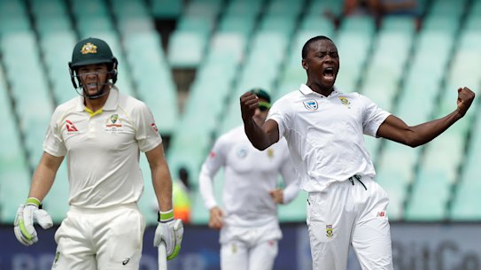 Kagiso Rabada dismisses Tim Paine in 2018.