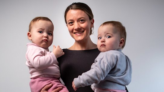 "Household labour still sits with me": Lucy Fogarty with 15-month-old twins Poppy and Mia.