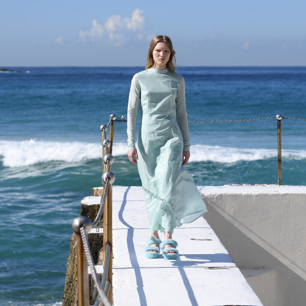 A model presents creations by Ten Pieces during Mercedes-Benz Fashion Week Australia at Bondi Icebergs in Sydney, Thursday, May 16, 2019. (AAP Image/Dan Himbrechts) NO ARCHIVING, EDITORIAL USE ONLY