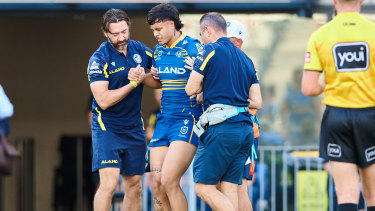 Eels forward Haze Dunster limps from the field.
