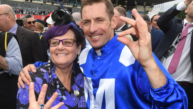 Champion connections: Winx owner Debbie Kepitis with jockey Hugh Bowman on Saturday.