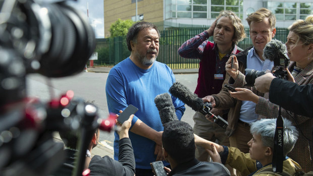 Artist Ai Weiwei speaks to the media after visiting WikiLeaks founder Julian Assange at Belmarsh prison in London.