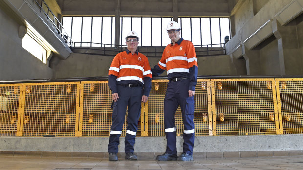 Origin Energy
Frank Calabria, chief executive of Origin Energy (right) and Greg Jarvis, executive general manager, energy supply and operations inspecting the Bendeela power station