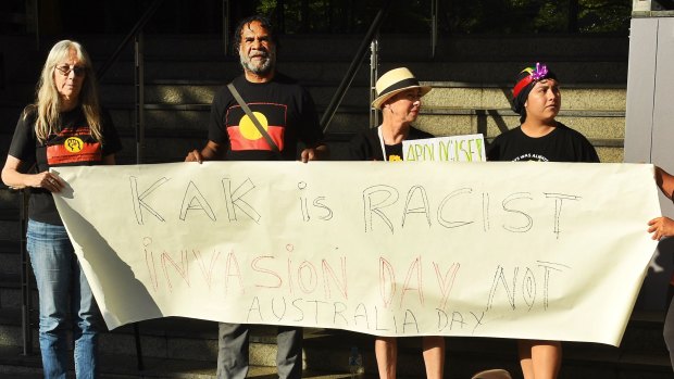 Protesters outside Network 10 outraged by Kerri-Anne Kennerley's comments about Indigenous issues.