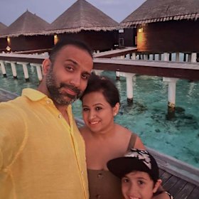 Bharat Mangwani with his wife Neha and son Anjaneya. Mangwani was confirmed missing in the Nepal floods.