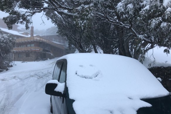 Snow started falling on Monday morning in Mount Buller.