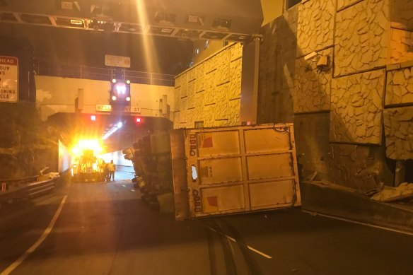 The overturned truck at the entrance to the M5 East westbound on-ramp.