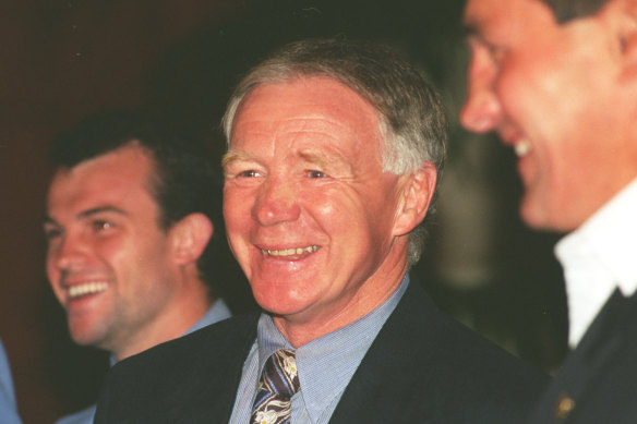 All smiles ... Bob Fulton shares a laugh before the 1996 grand final. 