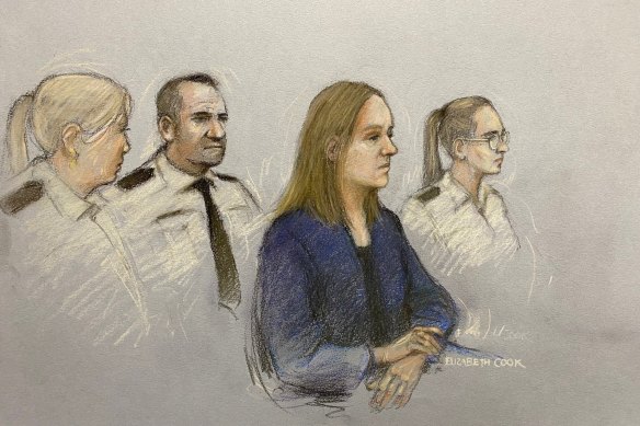 A court artist sketch shows Lucy Letby appearing in the dock at Manchester Crown Court.