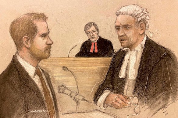 A court sketch of the Duke of Sussex giving evidence. 