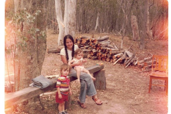 Mum Thérèse with Alex and Xavier at the family’s bush property, Greenwood. The boys built a stone pathway there as kids.
